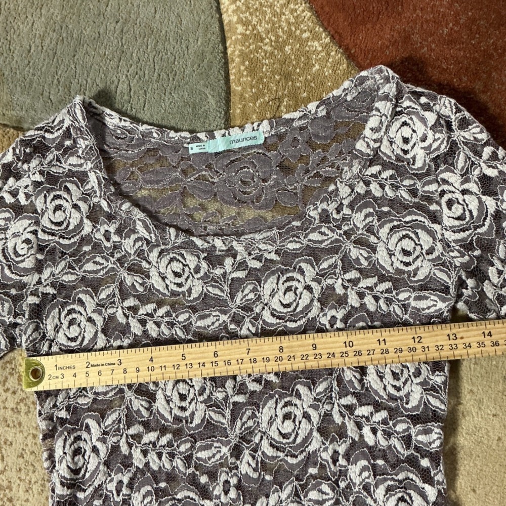 Maurices Floral Lace Sheer Top Womens S Purple Gray Long Sleeve Layering - Picture 3 of 7